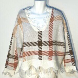 Just Polly SZ XL Ivory plaid boxy oversized slouchy sweater fray trim